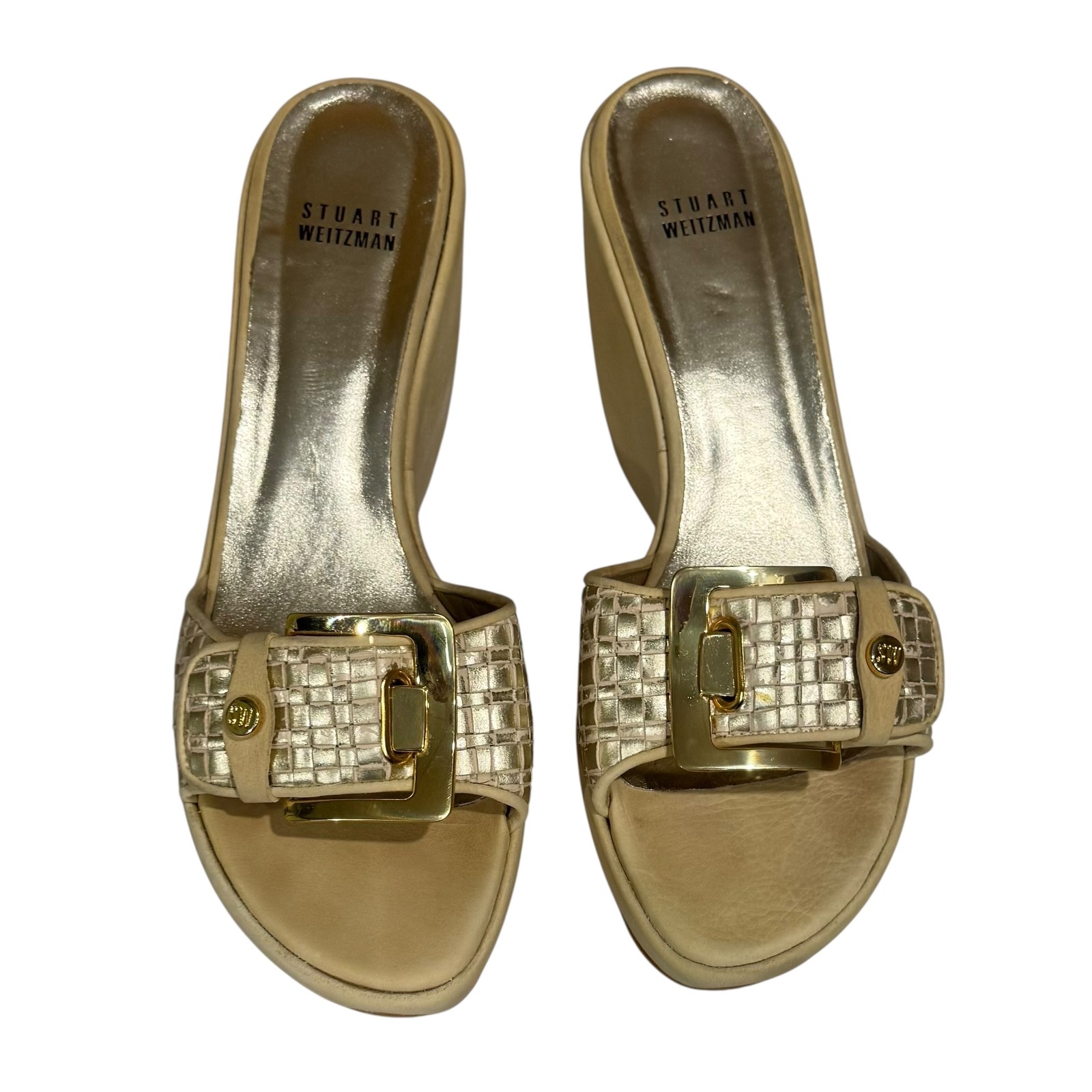Stuart Weitzman Women's Platform Wedge Slides Sandals Gold Buckle Shoes Sz 8